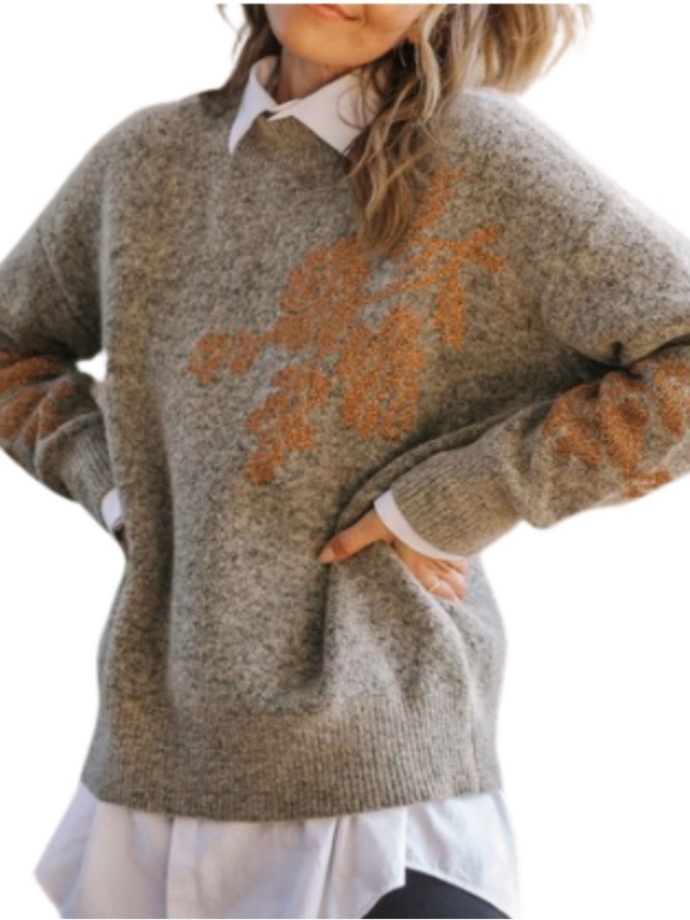 lovestitch Gray Crewneck Sweater with Tan Floral Motif